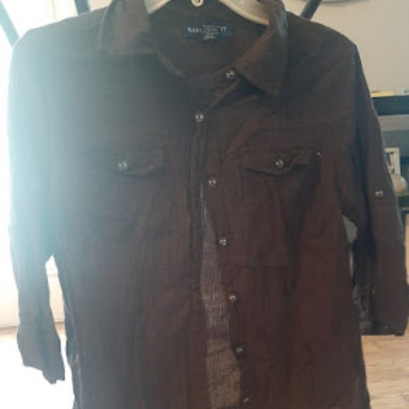 Karen Scott Petites Brown Button short sleeve - Picture 1 of 3